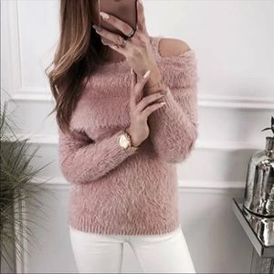 Off Shoulder Knitted Sweater Women Fluff